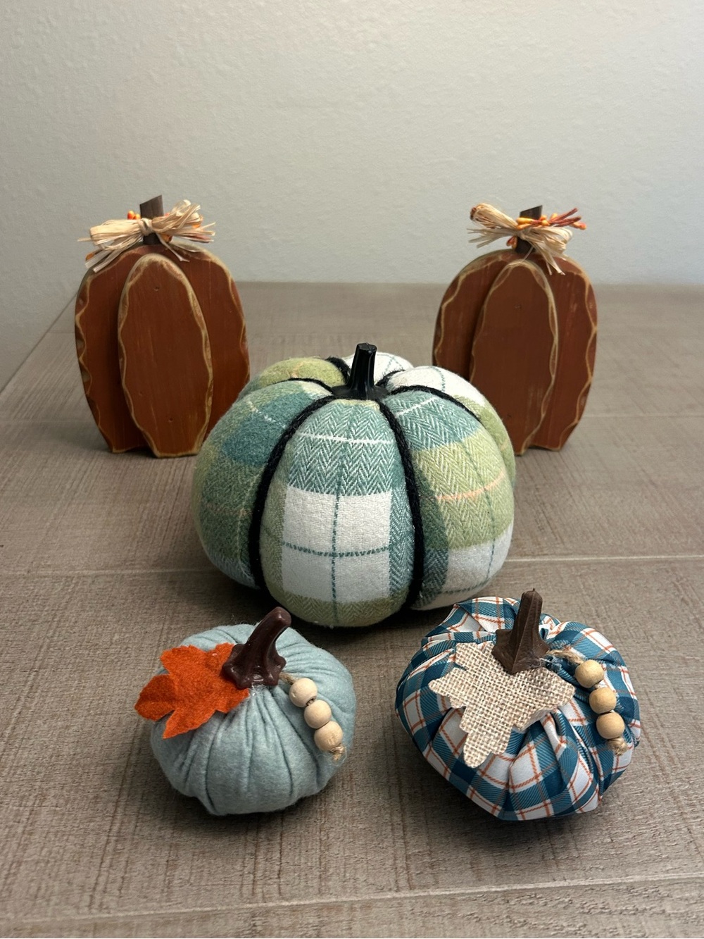 Decorative Fabric and wood Pumpkin Set - Green, Blue, Orange -